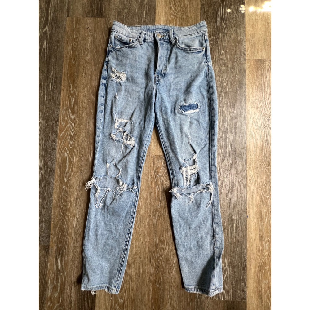 H&M Mom Jeans Women Size 6 Light Blue Ultra High Waist Distressed Ripped Tapered
